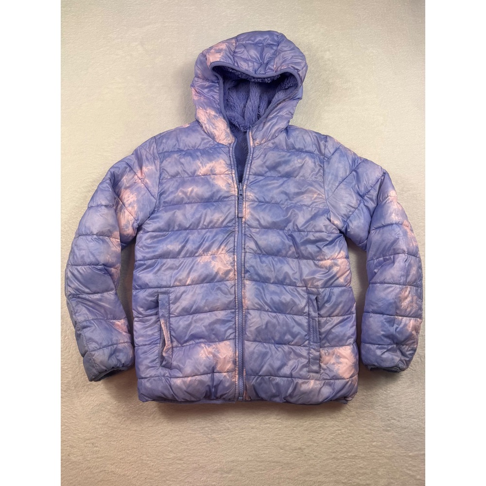Lands End Girls XL 14-16 Puffer Jacket Purple Tie Dye‎ Sherpa Hooded Coat